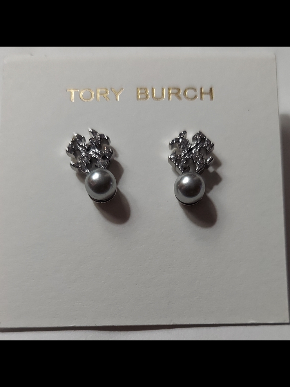 Tory Burch Silver Pearl Logo Stud Earrings